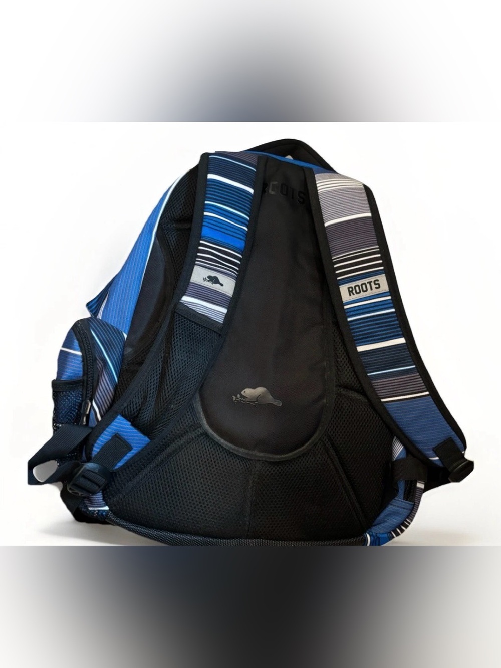 Roots Backpack Book Bag 6 Zipped Beaver Blue Striped Y2K School Canada - Picture 2 of 5